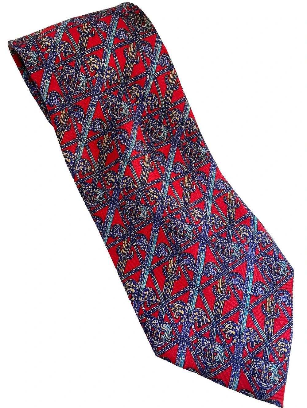 Brioni Mens Red Blue Fence Pattern Silk Tie Necktie Made in Italy Gold Chain